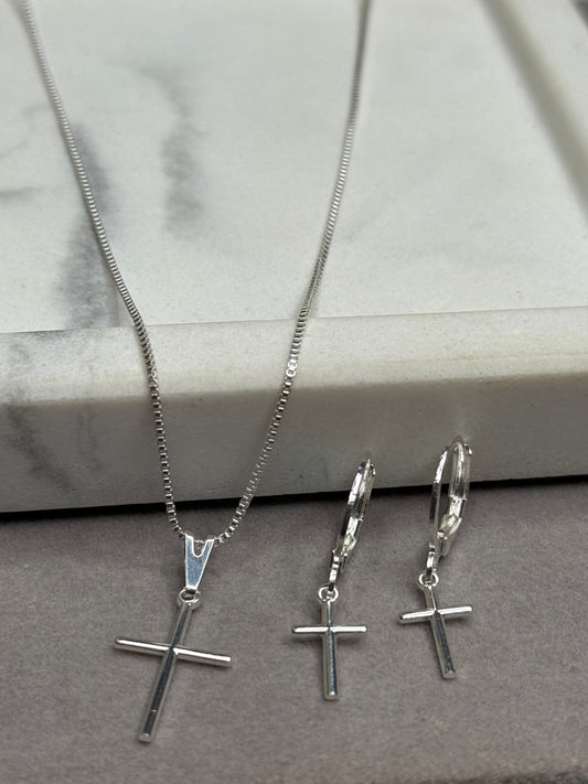 Conjunto Cruz – Colar e Brinco em Prata 925