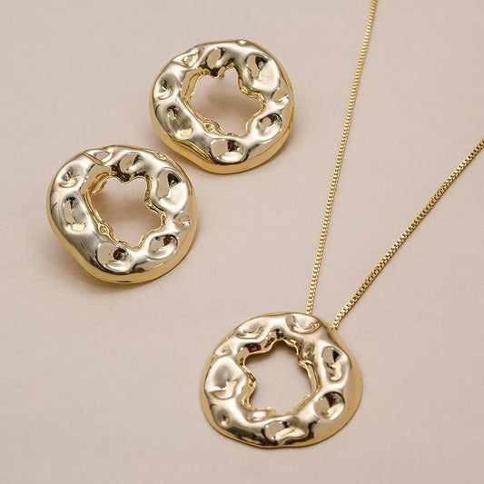 Conjunto Orgânico com Colar e Brinco Redondo | Banhado a Ouro 18K, Prata ou Ródio | Semijoia Moderna e Antialérgica