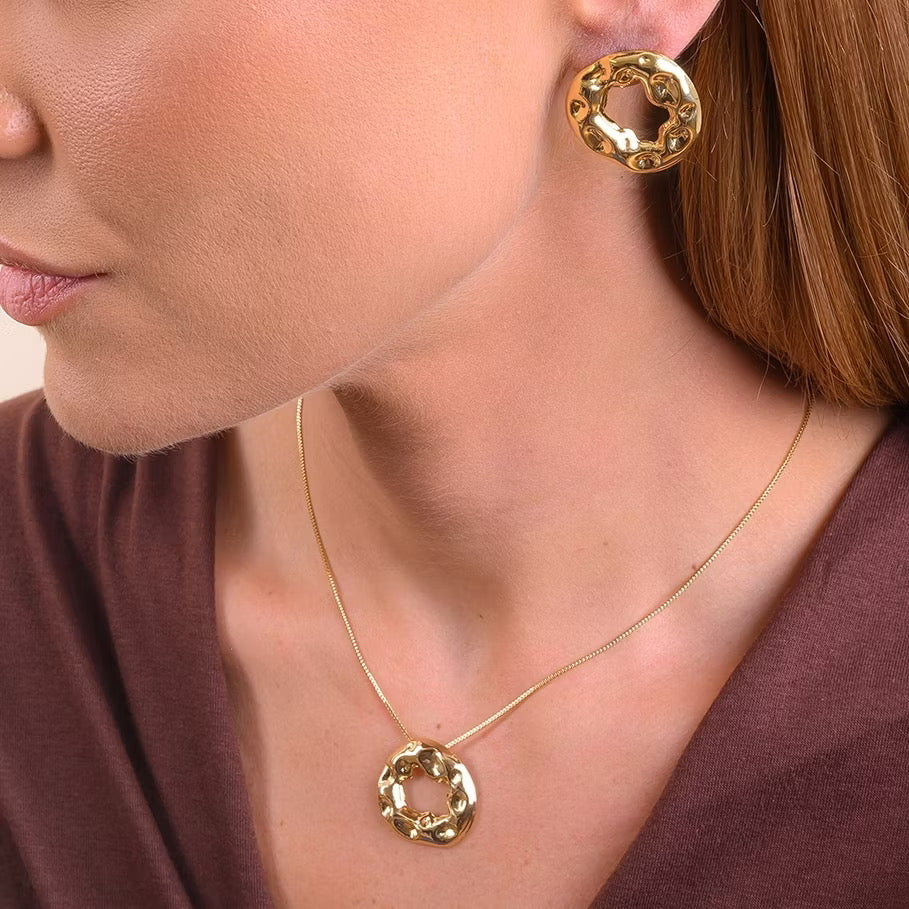 Conjunto Orgânico com Colar e Brinco Redondo | Banhado a Ouro 18K, Prata ou Ródio | Semijoia Moderna e Antialérgica
