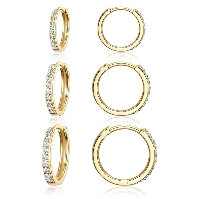 Kit 3 Argolas Douradas Cravejadas com Zircônias | Semijoia Antialérgica Banhada a Ouro 18K
