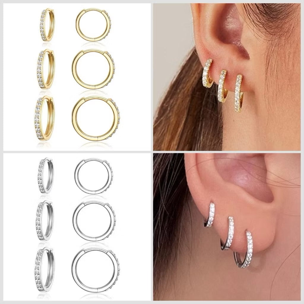 Kit 3 Argolas Douradas Cravejadas com Zircônias | Semijoia Antialérgica Banhada a Ouro 18K